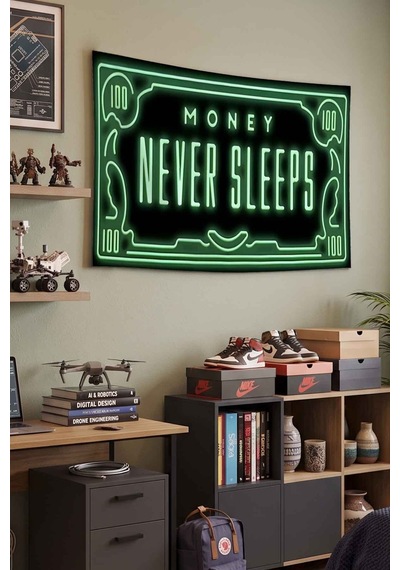 Money Never Sleeps Yeşil Neon Para Temalı Dekoratif Duvar Örtüsü Duvar Halısı Beyaz