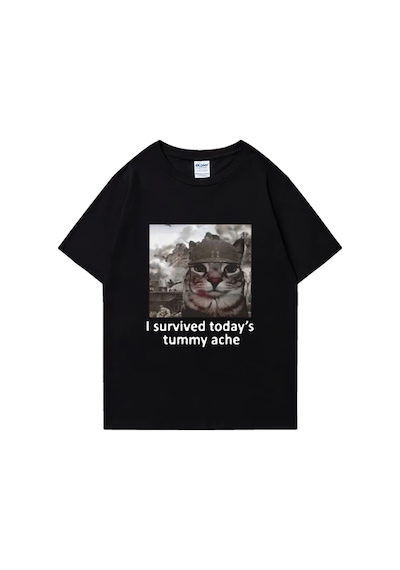 Flood Of Style Komik Kedi Bugünden Karın Ağrısını Hayatta Kaldım T Shirt Yeni Erkek Pamuklu Tişört Kısa Koll Siyah