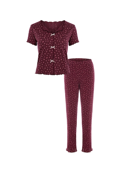 Koza İç Giyim Kadın Kısa Kollu Fiyonklu Fitilli Pijama Takımı Kk30131 Bordo - Pembe