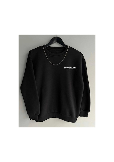 Tarzsokak Siyah Oversize Brooklyn Baskılı Pamuklu Kapşonsuz 0 Yaka Unisex Sweatshirt