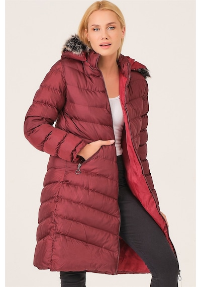 Dewberry Z6690 Kürklü Kapşonlu Kadın Kaban Bordo