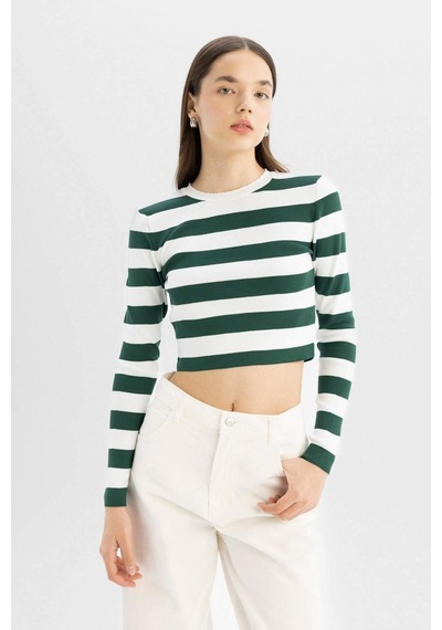 Defacto Coool Slim Fit Dar Kesim Çizgili Bisiklet Yaka Triko Kazak X6888AZ24WNGN311 Yeşil
