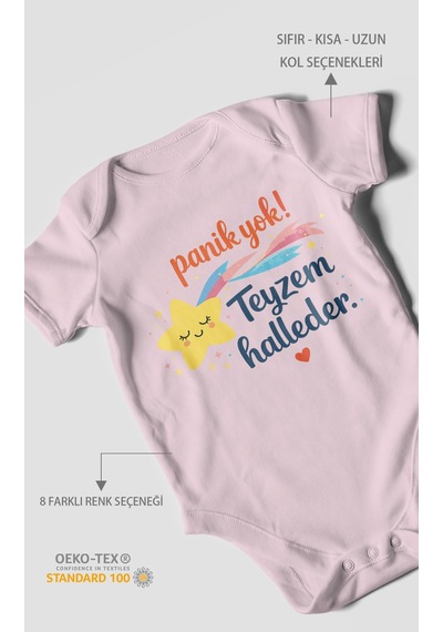 Morivokids Panik Yok Teyzem Halleder Kısa Kollu Bebek Body %100 Pamuk Bebe Pembe