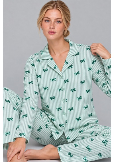 Womanandkids Yeşil Kadın Kurdela Desenli Bol Pijama Takımı 4799