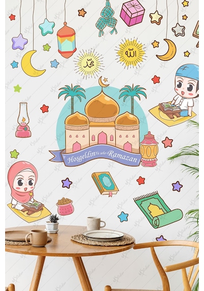 Hoşgeldin Ramazan Cami Ve Renkli Ramazan Ayı Figürleri Cam Duvar Kapı Dolap Sticker Seti Çok Renkli