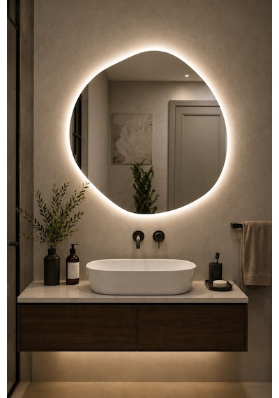 Arya Asimetrik Ledli Ayna Dokunmatik Modern Banyo Aynası Şık Tasarım Konsol Aynası Dekoratif Duvar Aynası Beyaz Günışığı Led 60 X 60
