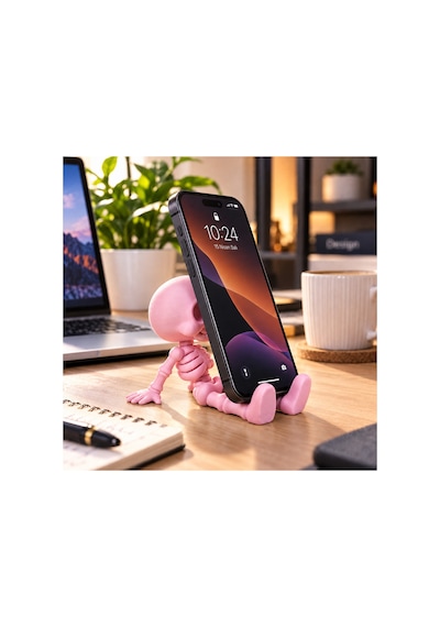 Sevimli İskelet Telefon Standı Dekoratif Masaüstü Telefon Tutucu - Pembe