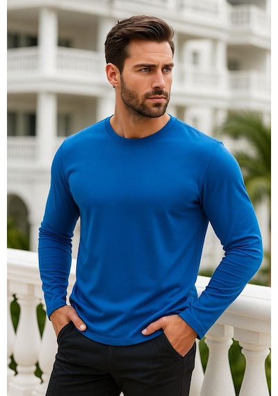 Rich Erkek Uzun Kollu Bisiklet Yaka Tişört - %100 Pamuk Basic Relaxed T-shirt Mavi