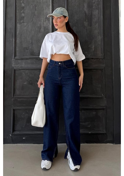 Madmext Koyu Mavi Yüksek Bel Paçası Yırtmaçlı Kadın Jean Mg1384 Koyu Mavi