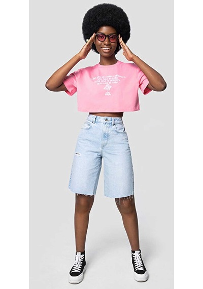 Long Crop Kadın Tshirt K.kol Pembe