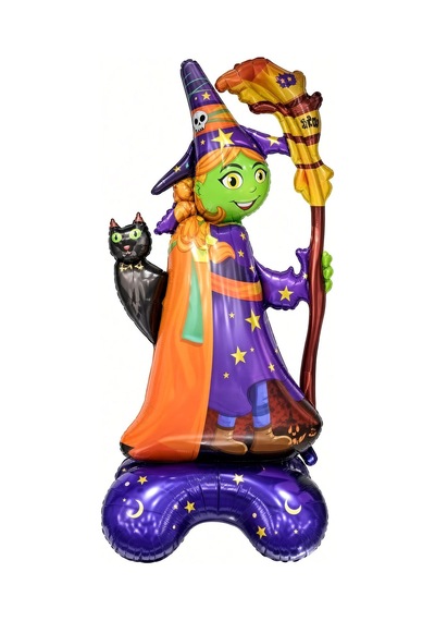 Halloween Cadılar Bayramı Ayaklı Süpürgeli Kedili Cadı Folyo Balon 65x45 Cm Mor Turuncu Oda Süsü Çok Renkli