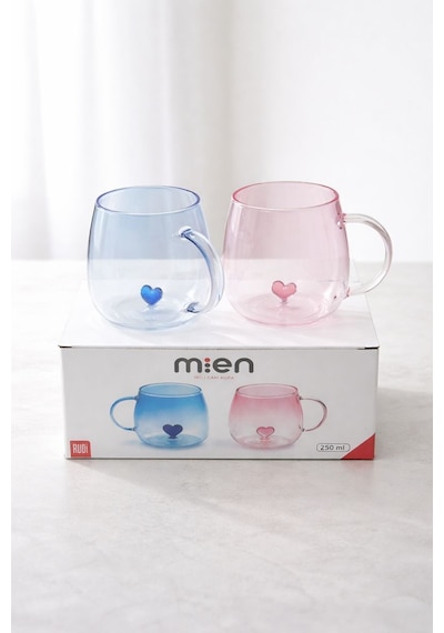 Mien İkili Cam Kupa Seti 250 Ml Kalpli Tasarım Mavi & Pembe Şık Kupa Takımı Çok Renkli