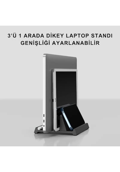 Coofbe 3 Bölmeli Metal Genişlik Ayarlamalı Masaüstü Dikey Apple Uyumlu MacBook Laptop Notebook Standı Telefon Tablet Standı Siyah