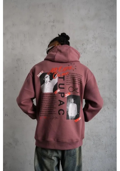 Veraura Lifestyle Erkek Ön Arka Baskılı Kapşonlu Sweat - Gül Kurusu Gülkurusu