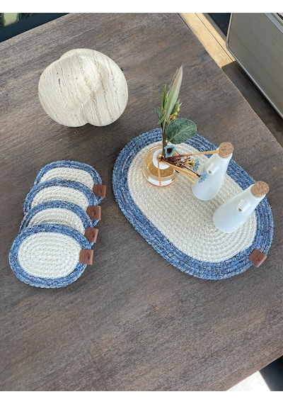 4 Adet Yuvarlak Bardak Altlığı- Leke Tutmaz- Mavi-beyaz 13x13 Cm Beyaz - Mavi