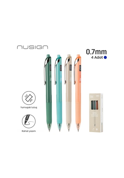 Nusign 0.7 Mm Jel Kalem Mavi Mürekkep Ergonomik Yazım Kalemi 4'lü