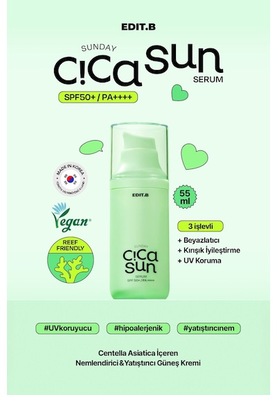 Edıtb Cica ve Hyalüronik Asit İçeren Nemlendirici SPF50+ Güneş Korumalı Yatıştırıcı EDIT.B Sun Serum 55 ML