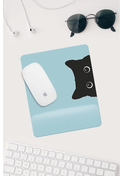Jel Dolgulu Pvc Yüzey Mavi Kedi Çizimli Bilek Destekli Dikdörtgen Mouse Pad Mouse Altlığı. Mousepad