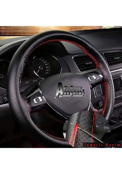 Peugeot 206 Dikmeli Direksiyon Kılıfı Noktalı Kırmızı Ipli ( 38cm×10cm )