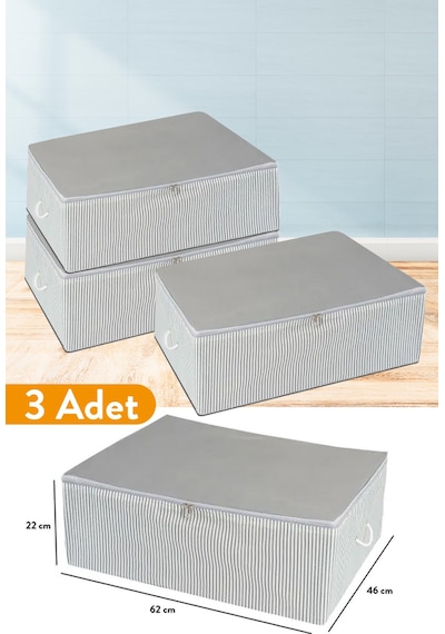 Serstil 3 Adet - Büyük Boy Baza Altı Antrasit Çizgili Hurç 62 X 46 X 22 Cm