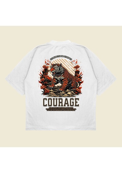 Startmore Tigercourage Baskılı Oversize Unisex Pamuklu Nefes Alan Kalın Kumaşlı Beyaz