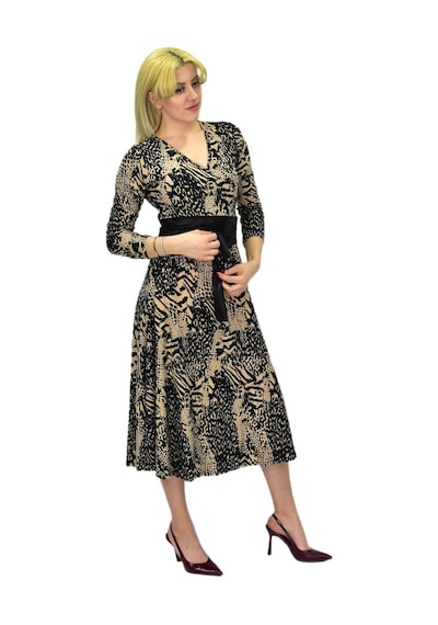Kadın Viskon Leopar Desenli V Yaka Elbise Bgl-st03536 001