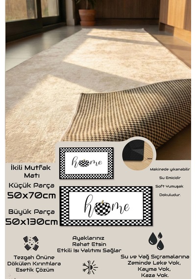 Valerine Life Mutfak Yolluğu Halısı Home Tezgah Önü Paspası İkili Kilim Takımı Döküntülere Estetik Ç Siyah