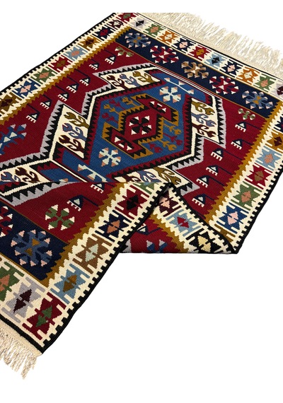 El Dokuma Sıfır Yahyalı Kilim 100x165 Kırmızı Mavi %100 Yün Kök Boya Mavi