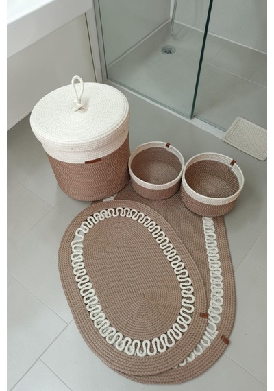 El Yapımı Dekoratif Örgülü Model 5'li Banyo Seti 2 Li Paspas 50x80 Cm Ve 40x60 Cm + Sepetler 18x18 Cm & Çamaşır Sepeti 35x33 Cm Vizon
