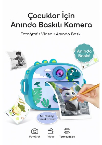 Cmr95 Çocuk Dijital Mini Kamera 1080p Hd 2.0 İnç Ekran Fotorğraf Video Oyun Müzik Usb Şarj Termal Resim Kağıt Baskılı Yazıcı Kamera Video Makinesi Print Kamera Mavi