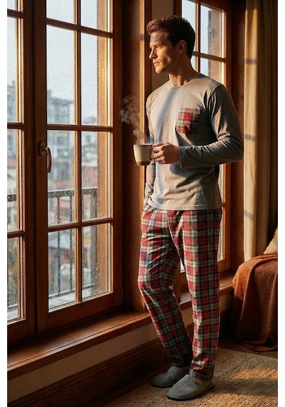 Buratti Ekoseli Cepli Beli Lastikli % 100 Pamuk Regular Fit Erkek Pijama Takımı 6572001 Antrasit