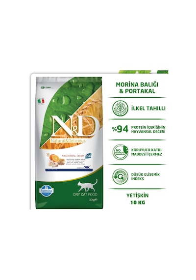 N&D Düşük Tahıllı Morina Balığı ve Portakallı Yetişkin Kedi Maması 10 KG