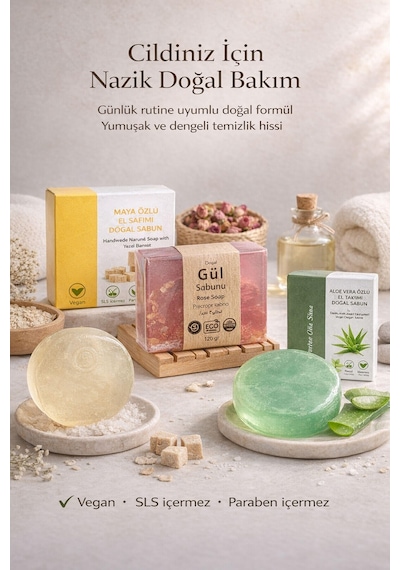 3'lü Doğal Sabun Seti Maya, Aloe Vera, Gül Özlü - Hassas & Günlük Nazik Bakım Serisi Aloe Vera - Gül