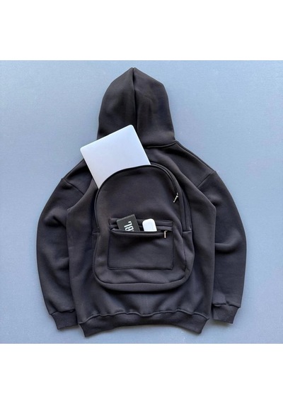 Tarzyeri Erkek 3 İplik Şardonlu Tam Fermuarlı Kapüşonlu Arka Çanta Detaylı Sweatshirt - Siyah