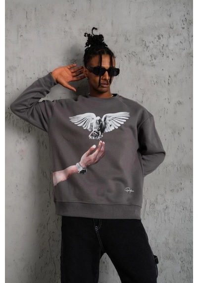 Erkek Güvercin Baskılı 3 İplik Pamuklu Bisiklet Yaka Sweatshirt - Gri