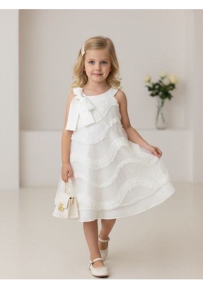 Zekids Kız Çocuk Tasarım Elbise-17241 BEYAZ