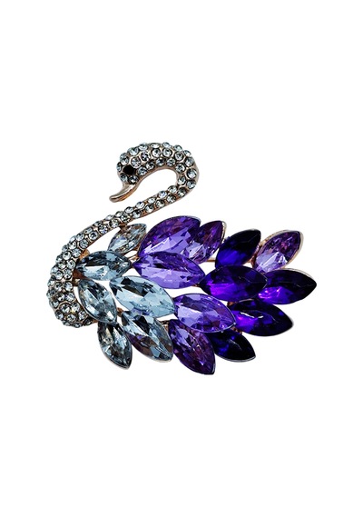 Mor Kristal Taşlı Kuğu Broş Rose Gold Renk Zirkon Taşlı Yaka İğnesi Çok Renkli