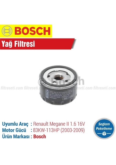 Renault Megane 2 1.6 16V Bosch Yağ Filtresi 2003-2009 N11.17210