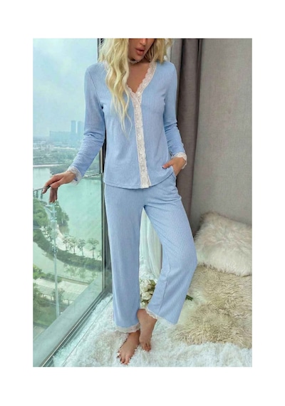 Merry See Ribanalı Dantel Detay İki Parça Pijama Takım Mavi