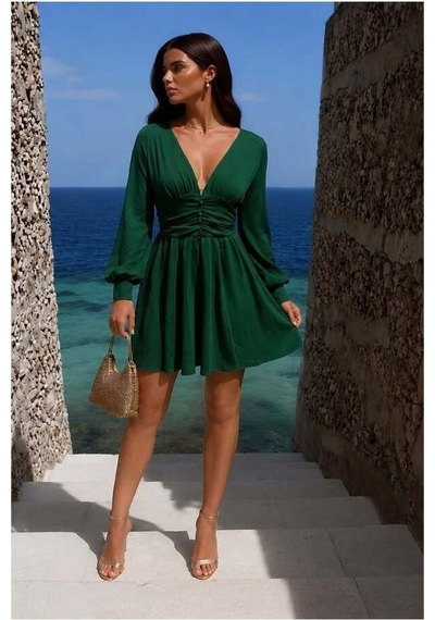 Store V Büzgülü Yaka Mini Elbise Kollu Uzun Abiye Zümrüt - 935903082 Zümrüt