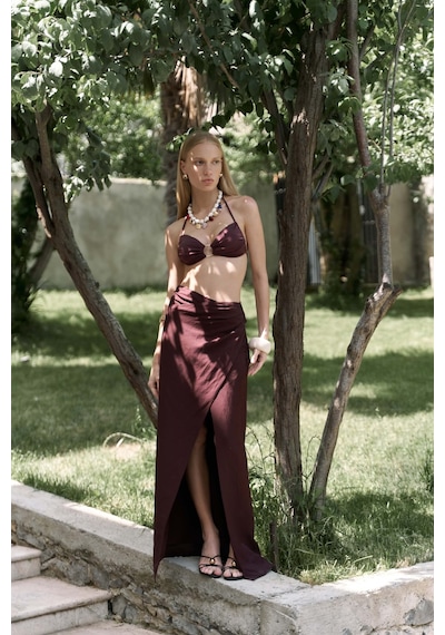 Mai Collection Mai Studios Co. Fabriyonto Asimetrik Bordo Uzun Etek Bordo