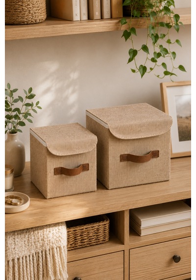 2li Kapaklı Jüt Organizer Kutu Seti 20x20x20 Cm - 25x25x25 Cm Katlanabilir Düzenleme Kutusu Organizer Seti Dolap, Raf Ve Banyo Düzeni İçin Doğal