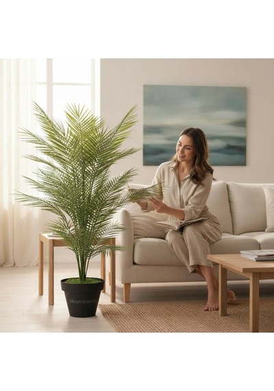 Yapay Areka Ağacı Palmiye Ağacı Salon Bitkisi Yapay Areka 130 Cm 20 Yaprak Siyah Plastik Saksı Çok Renkli