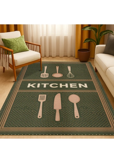Turkıshrug Kıngdom Haki Kitchen Yazılı Halı Kaymaz Pamuk Taban, Dijital Baskı Çok Renkli