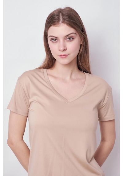 Jument Kadın V Yaka Kısa Kol Likralı Span Kumaş Şık T-shirt Bluz-koyu Bej K.bej
