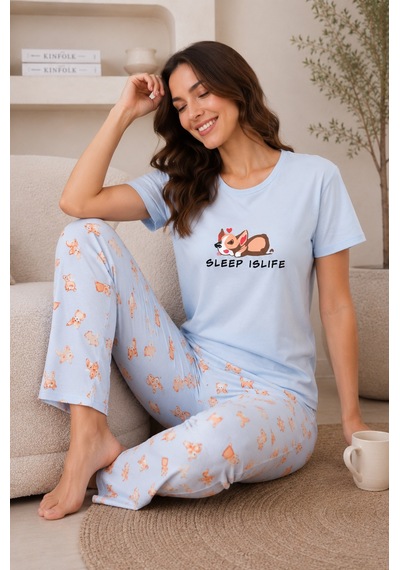 Wordex Mirano 4101 Desenli Kısa Kollu Pamuklu Kadın Pijama Takımı Mavi