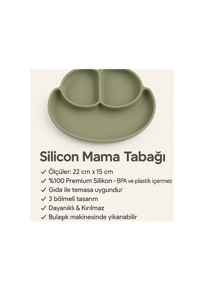 %100 Silikon 3 Bölmeli Mama Tabağı Bpa Free Vanilyalı Yeşil