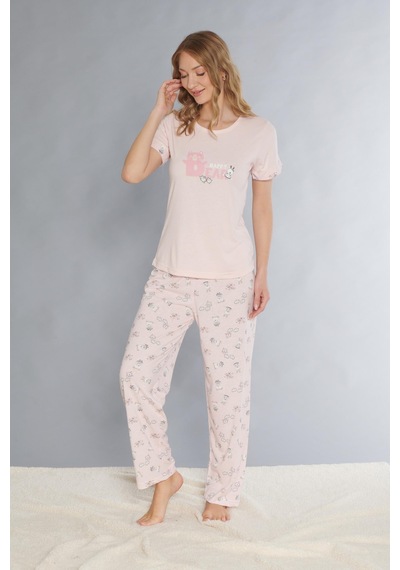 Dowry Kısa Kol Pijama Takım Sevimli Desenli Yazlık Viskon Pijama Dowry 08-127 Pembe