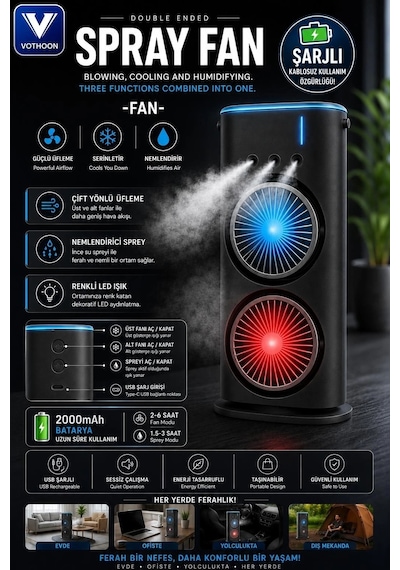 Çift Başlıklı Sprey Fan Nemlendirici Ve Renkli Led Işıklı Siyah Çok Renkli
