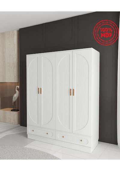 Soho 4 Kapaklı Çekmeceli Bazalı Gardırop - Tamamı Mdf Beyaz
